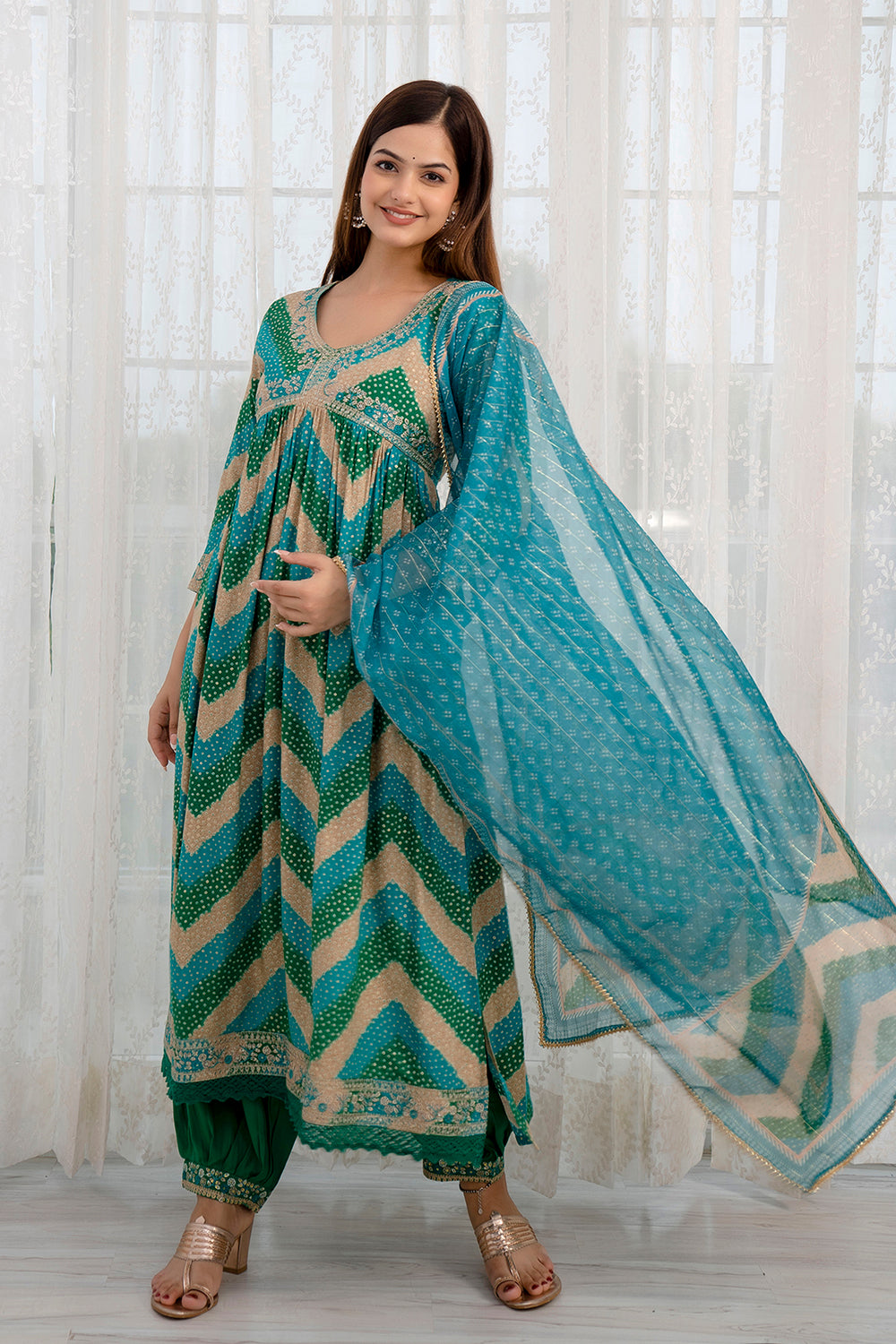 Turquoise & Green Color Cotton Alia-Cut Printed Straight Suit