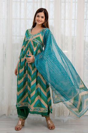 Turquoise & Green Color Cotton Alia-Cut Printed Straight Suit