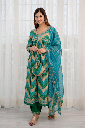 Turquoise & Green Color Cotton Alia-Cut Printed Straight Suit
