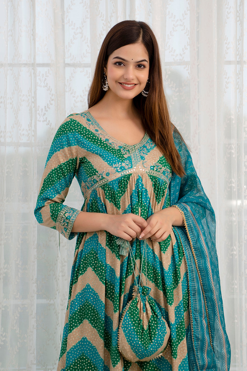 Turquoise & Green Color Cotton Alia-Cut Printed Straight Suit