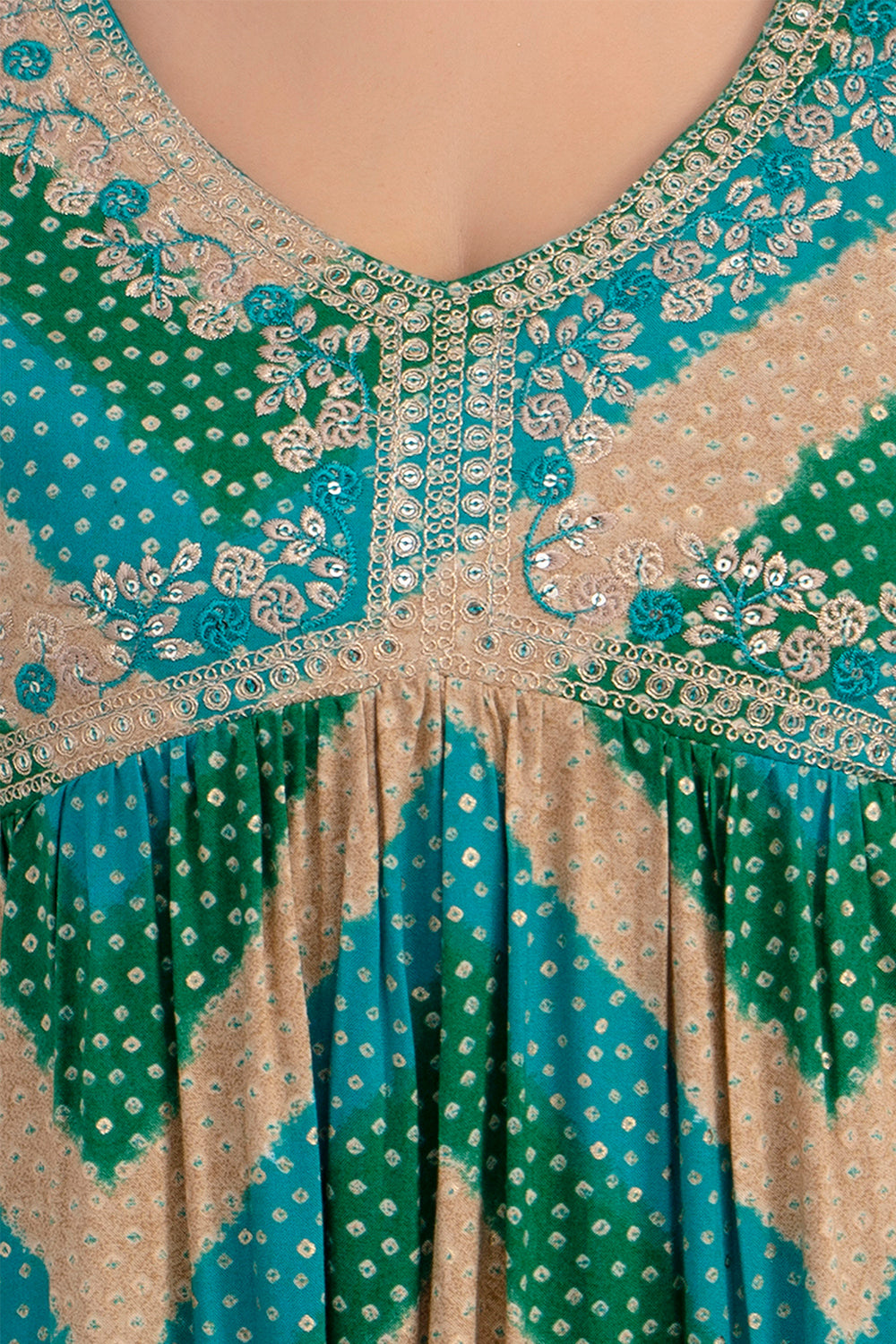Turquoise & Green Color Cotton Alia-Cut Printed Straight Suit