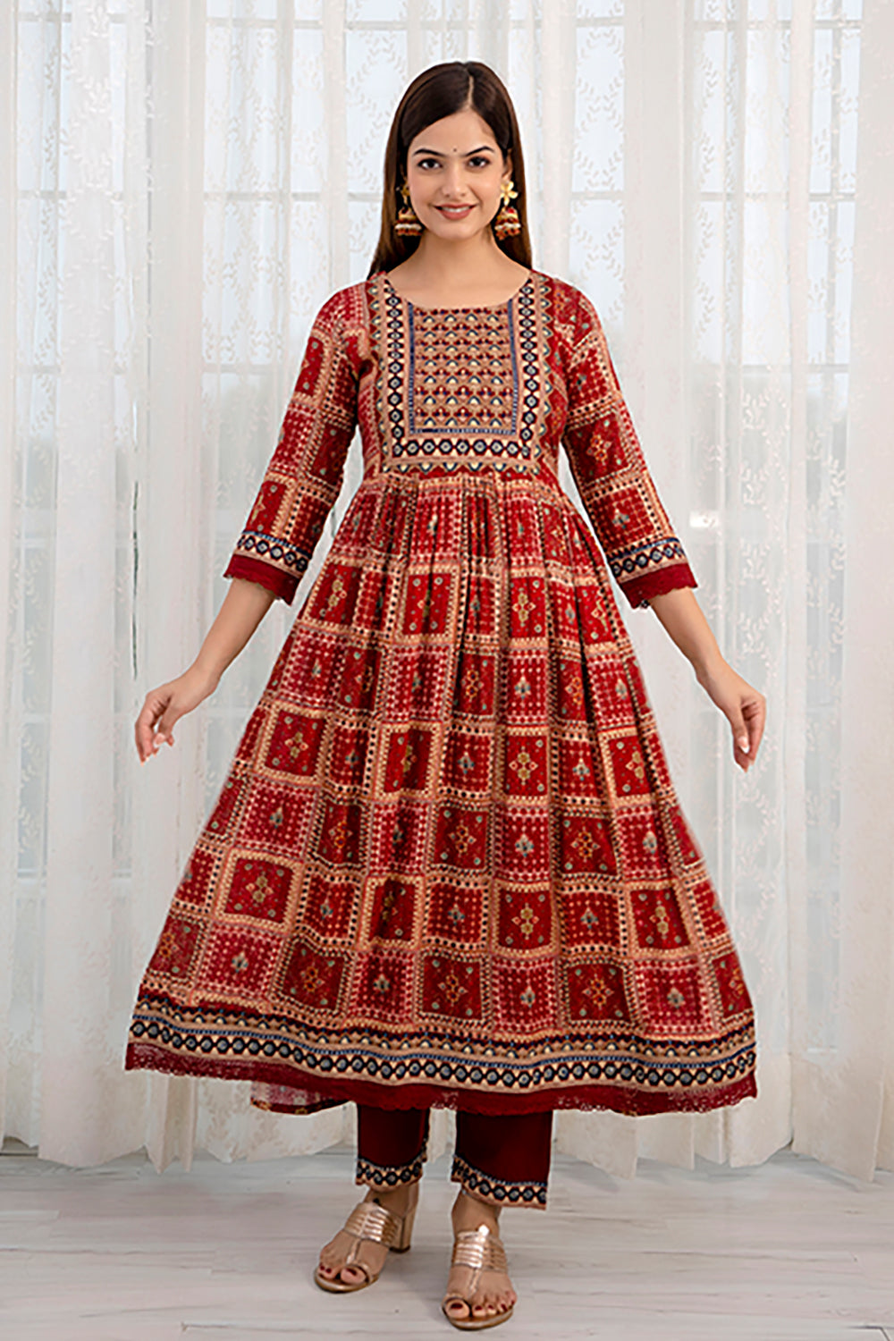 Maroon Color Cotton Printed Straight Suit