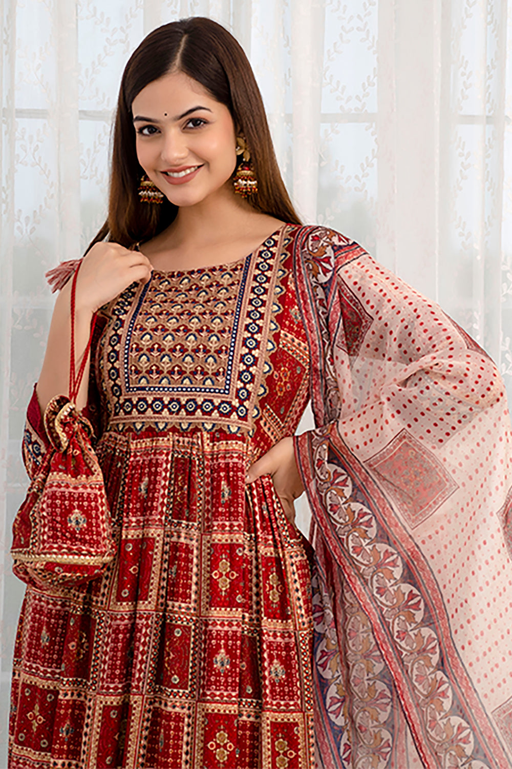 Maroon Color Cotton Printed Straight Suit