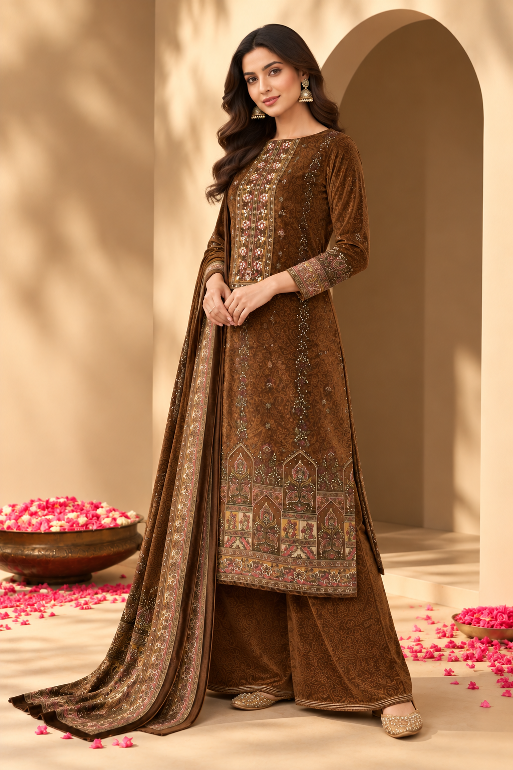 Brown Velvet Digital Printed Unstitched Suit Fabric