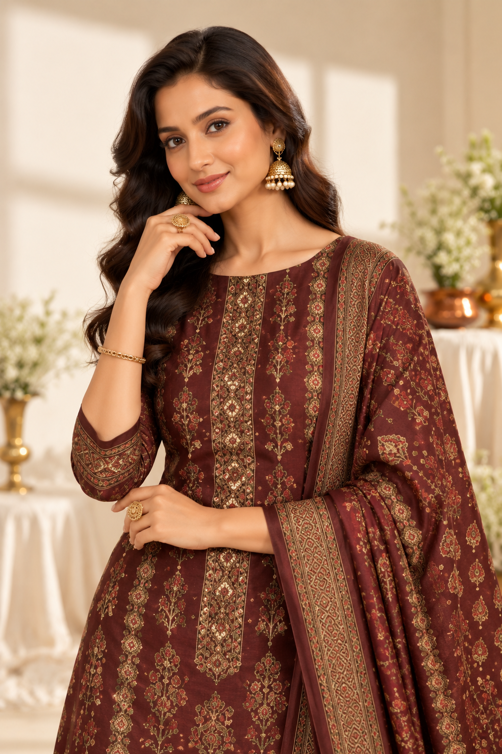 Maroon Digital Printed Velvet Unstitched Suit Fabric