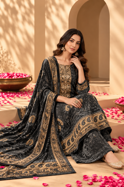 Grey Velvet Digital Printed Unstitched Suit Material
