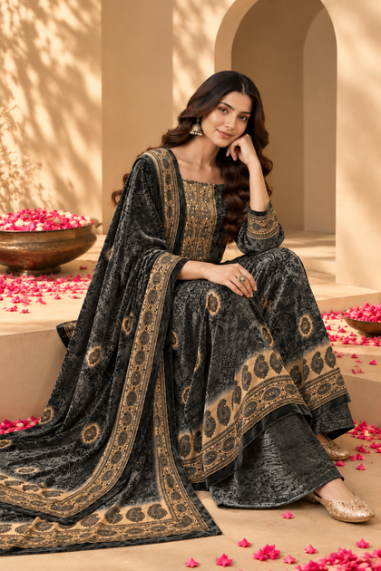 Grey Velvet Digital Printed Unstitched Suit Material