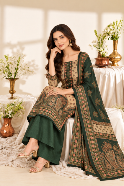 Botle Green Velvet Digital Printed Unstitched Suit Fabric