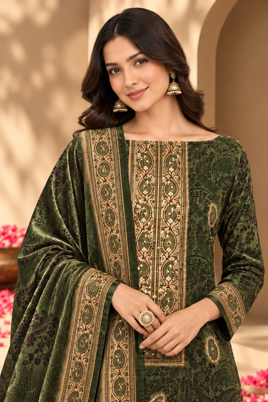 Green Velvet Digital Printed Unstitched Suit Material