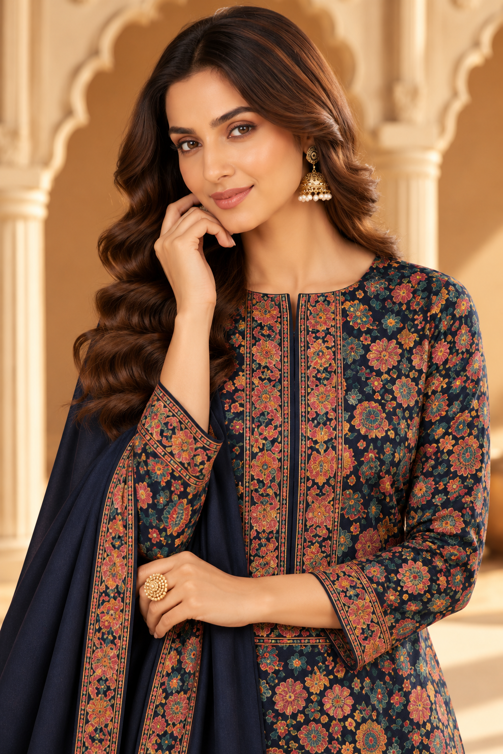 Navy Floral Resham Woven Pashmina Unstitched Suit Fabric