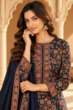 Navy Floral Resham Woven Pashmina Unstitched Suit Fabric