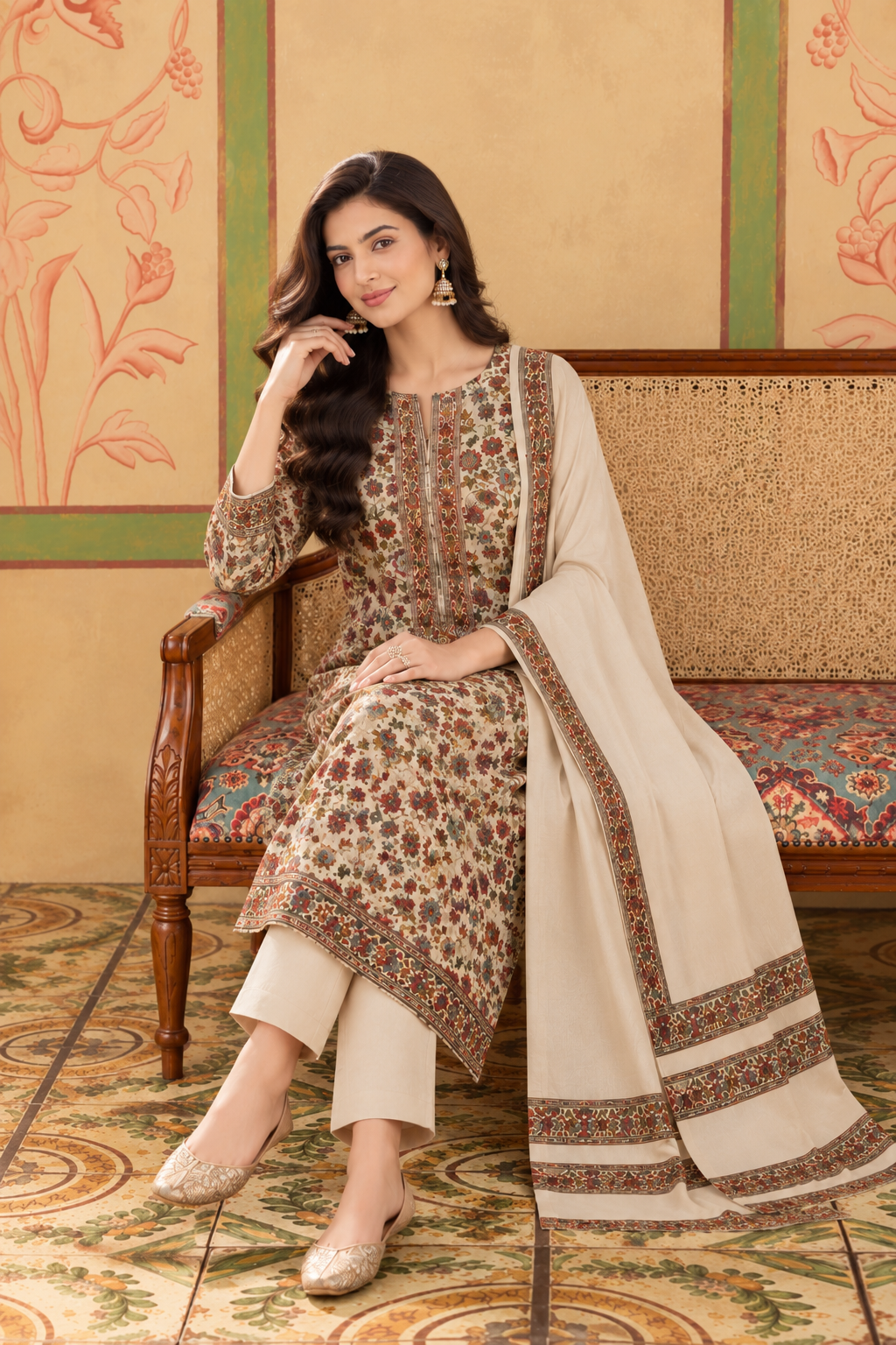 Cream Floral Resham Woven Pashmina Unstitched Suit Fabric