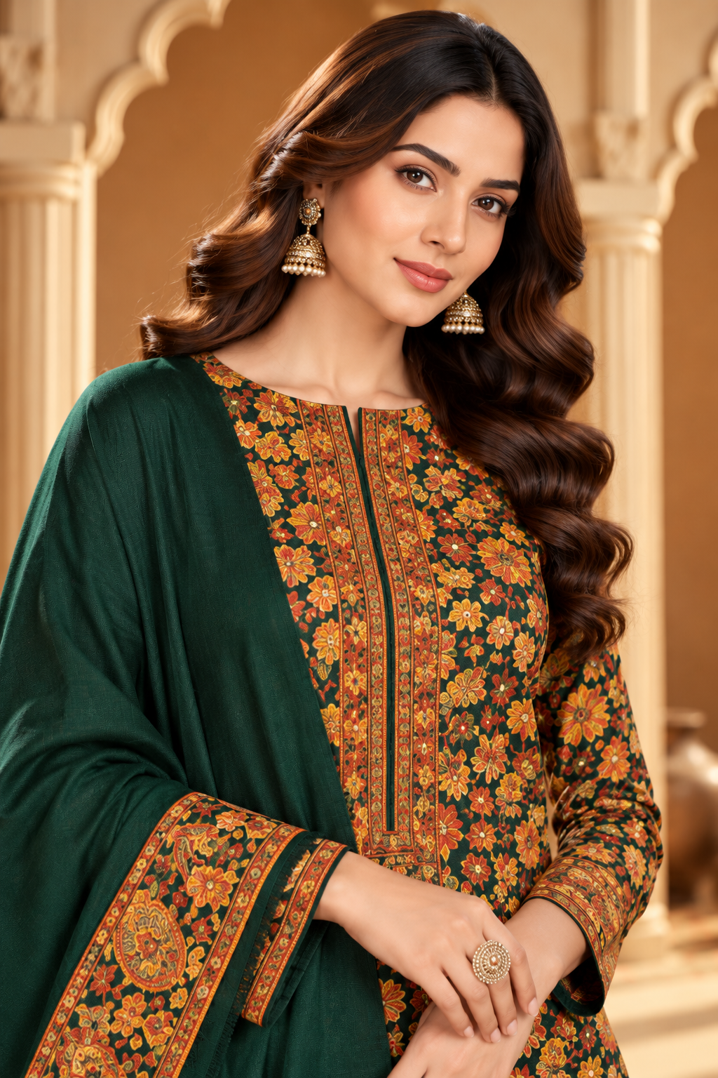 Bottle Green Floral Resham Woven Pashmina Unstitched Suit Fabric