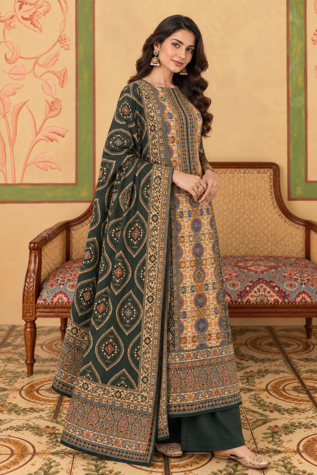 Bottle Green Resham Woven Pashmina Unstitched Suit Material