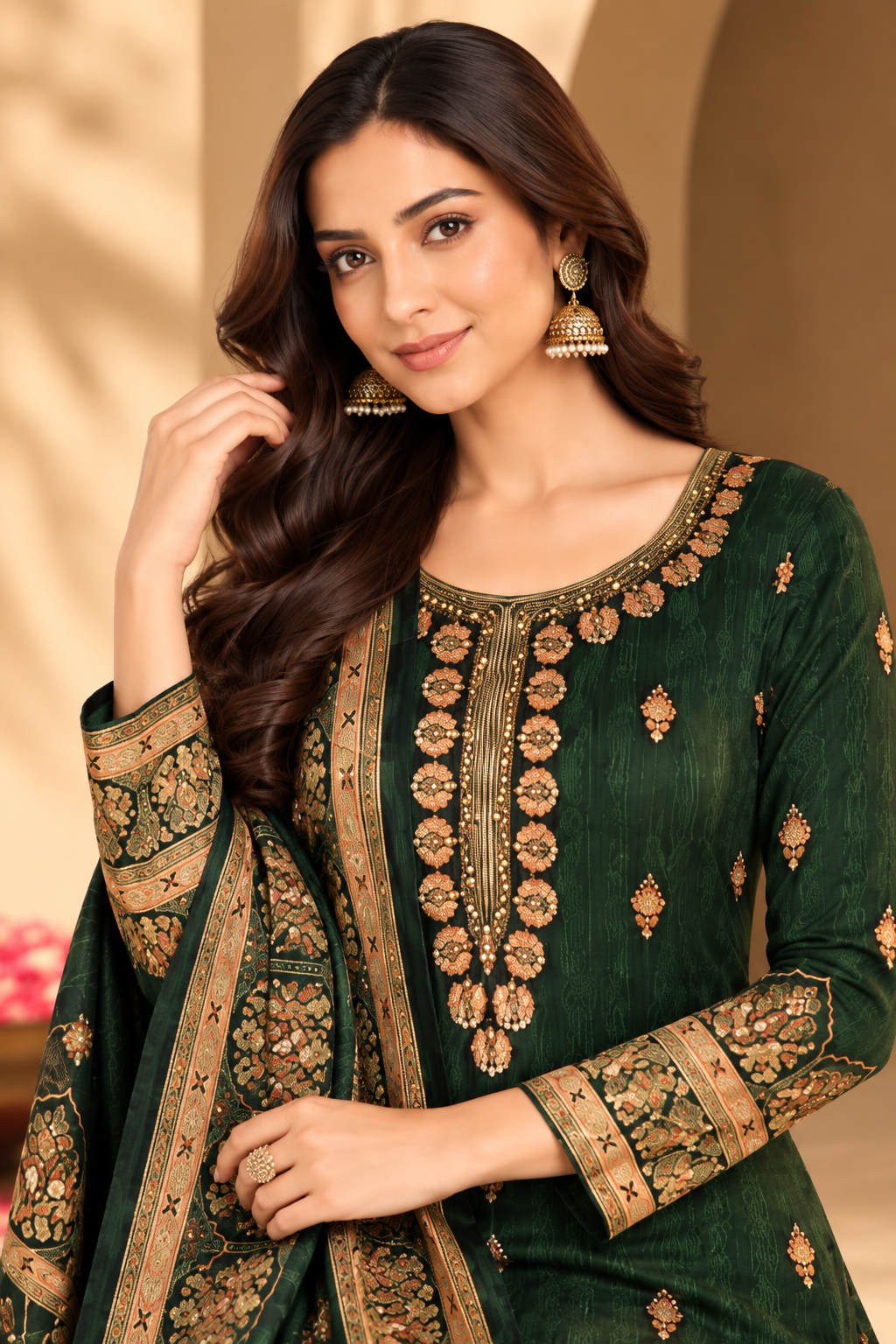 Green Color Velvet Digital Printed Unstitched Suit Material