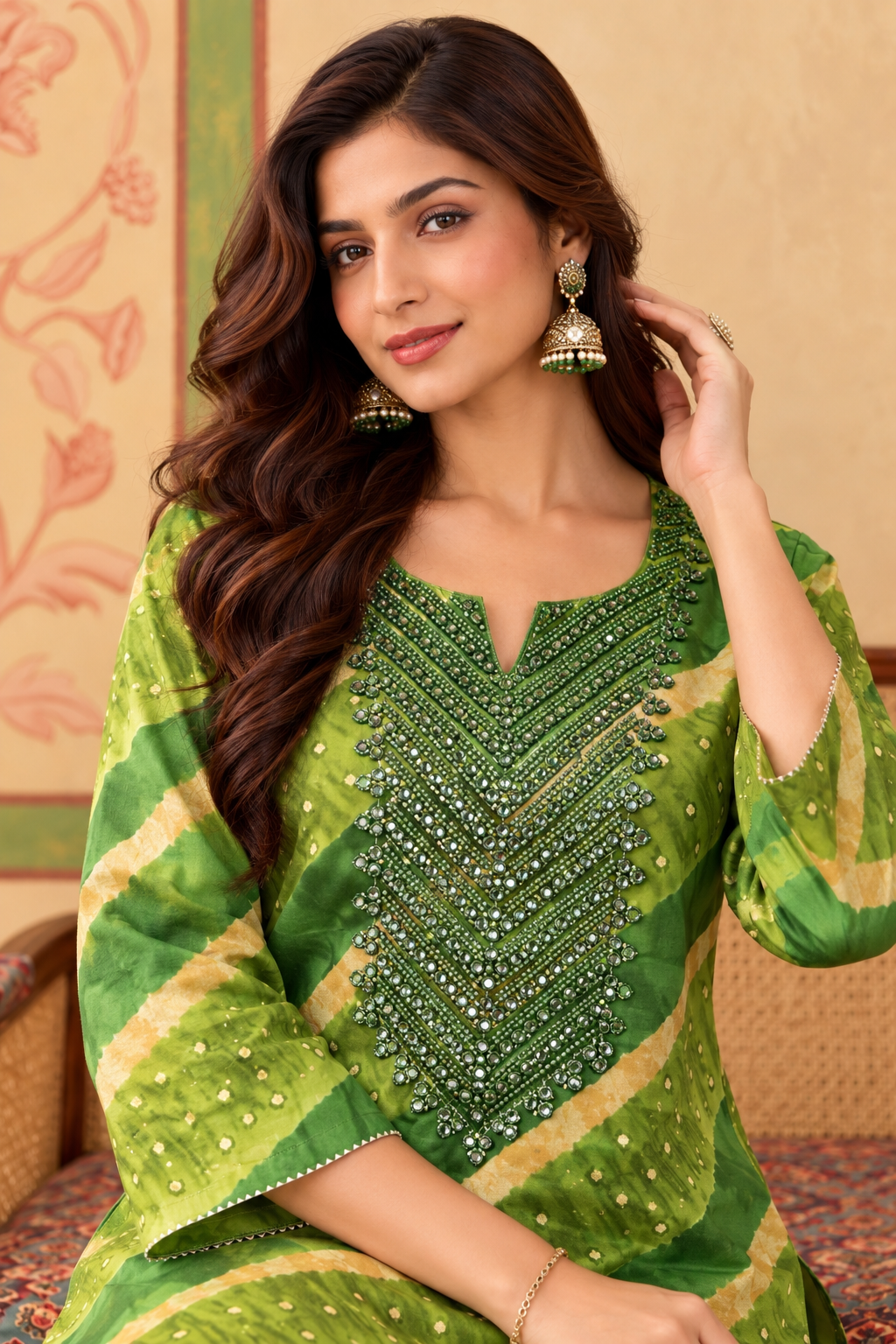 Green Muslin Printed And Mirror Work Kurta Set