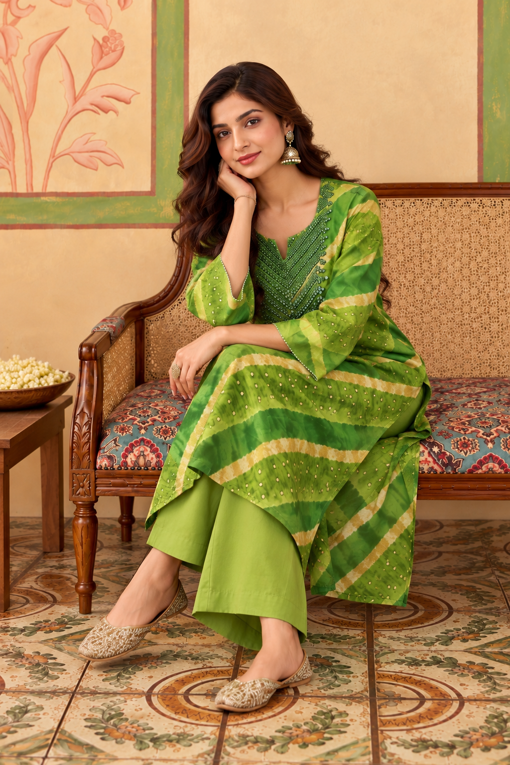 Green Muslin Printed And Mirror Work Kurta Set