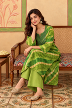Green Muslin Printed And Mirror Work Kurta Set