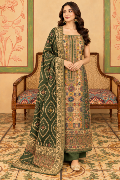 Green Resham Woven Pashmina Unstitched Suit Material