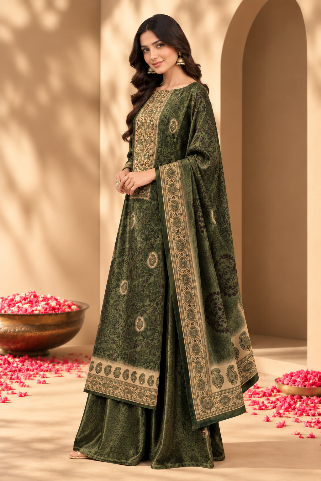 Green Velvet Digital Printed Unstitched Suit Material