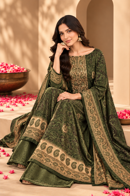 Green Velvet Digital Printed Unstitched Suit Material