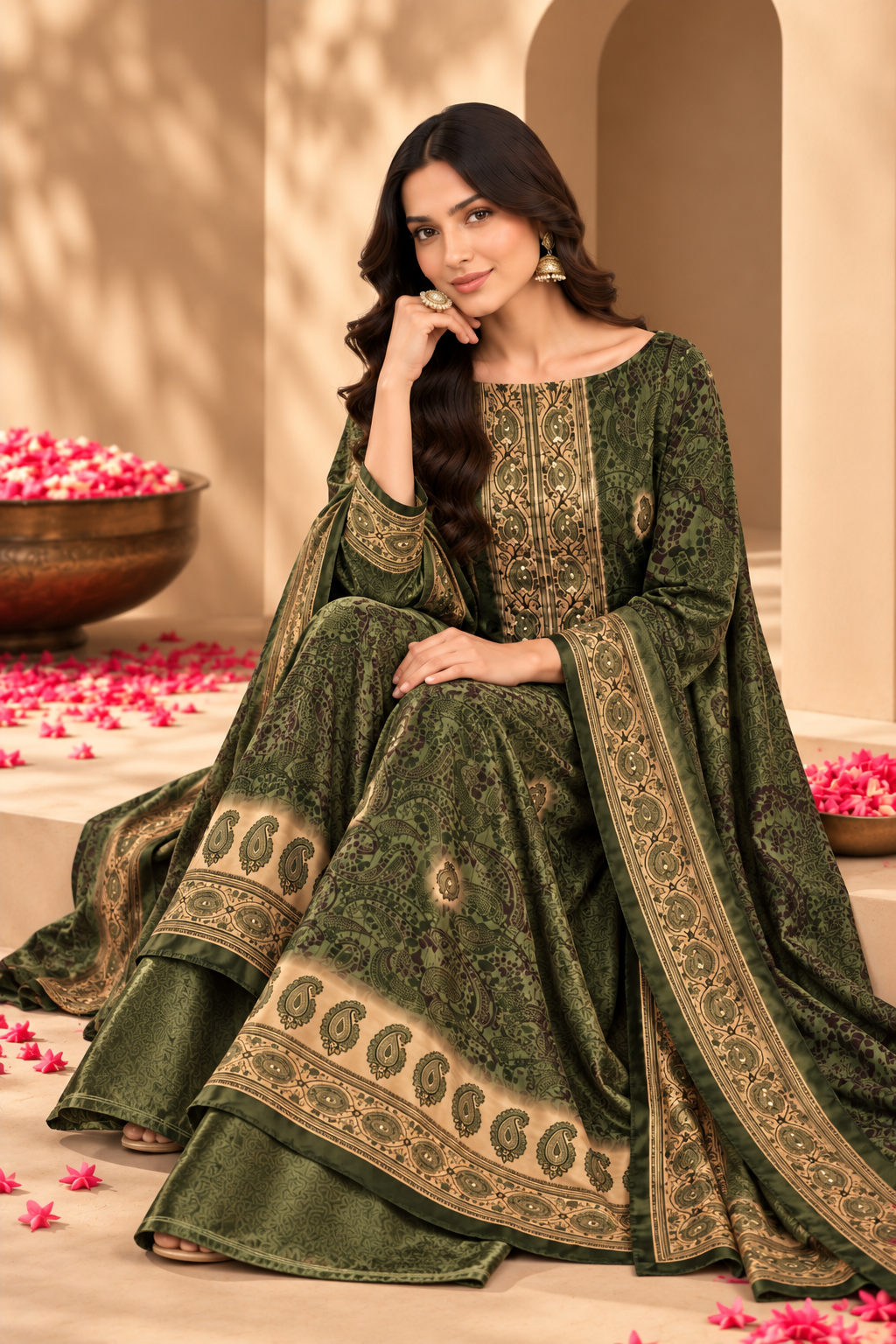 Green Velvet Digital Printed Unstitched Suit Material