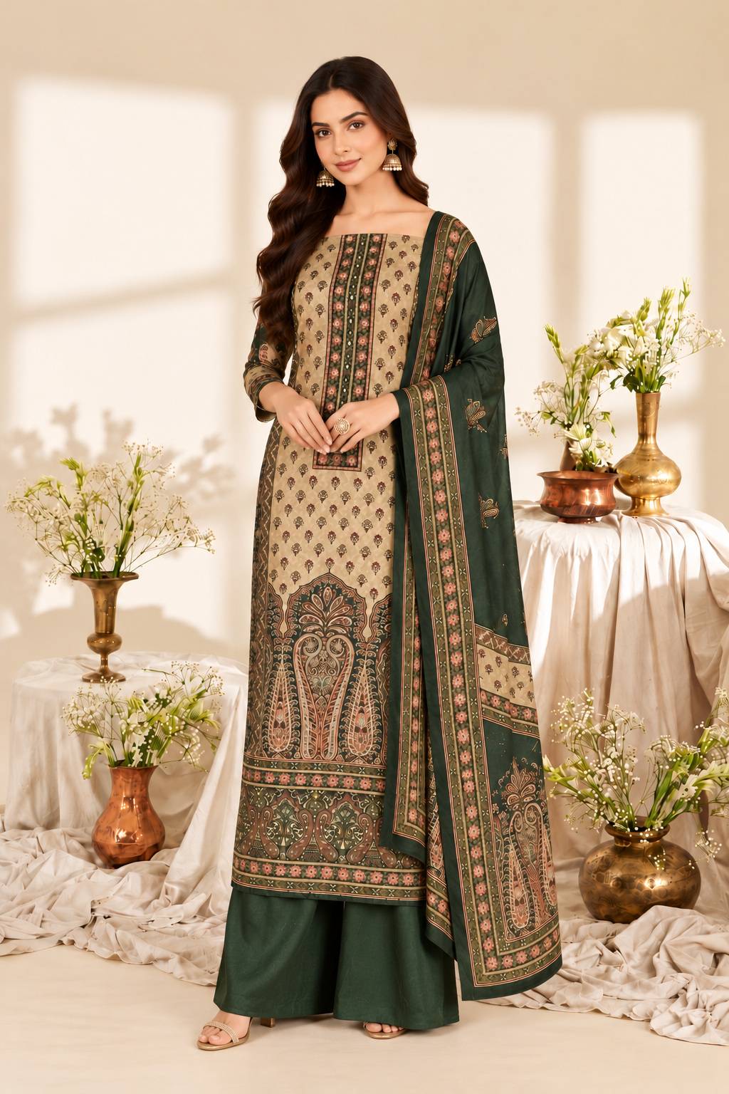 Botle Green Velvet Digital Printed Unstitched Suit Fabric