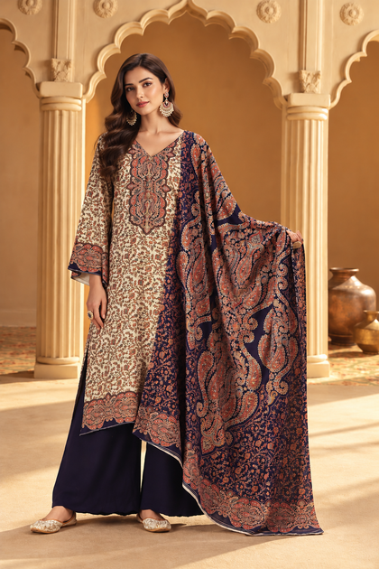 Beige & Navy Pashmina Floral Digital Printed Unstitched Suit Material