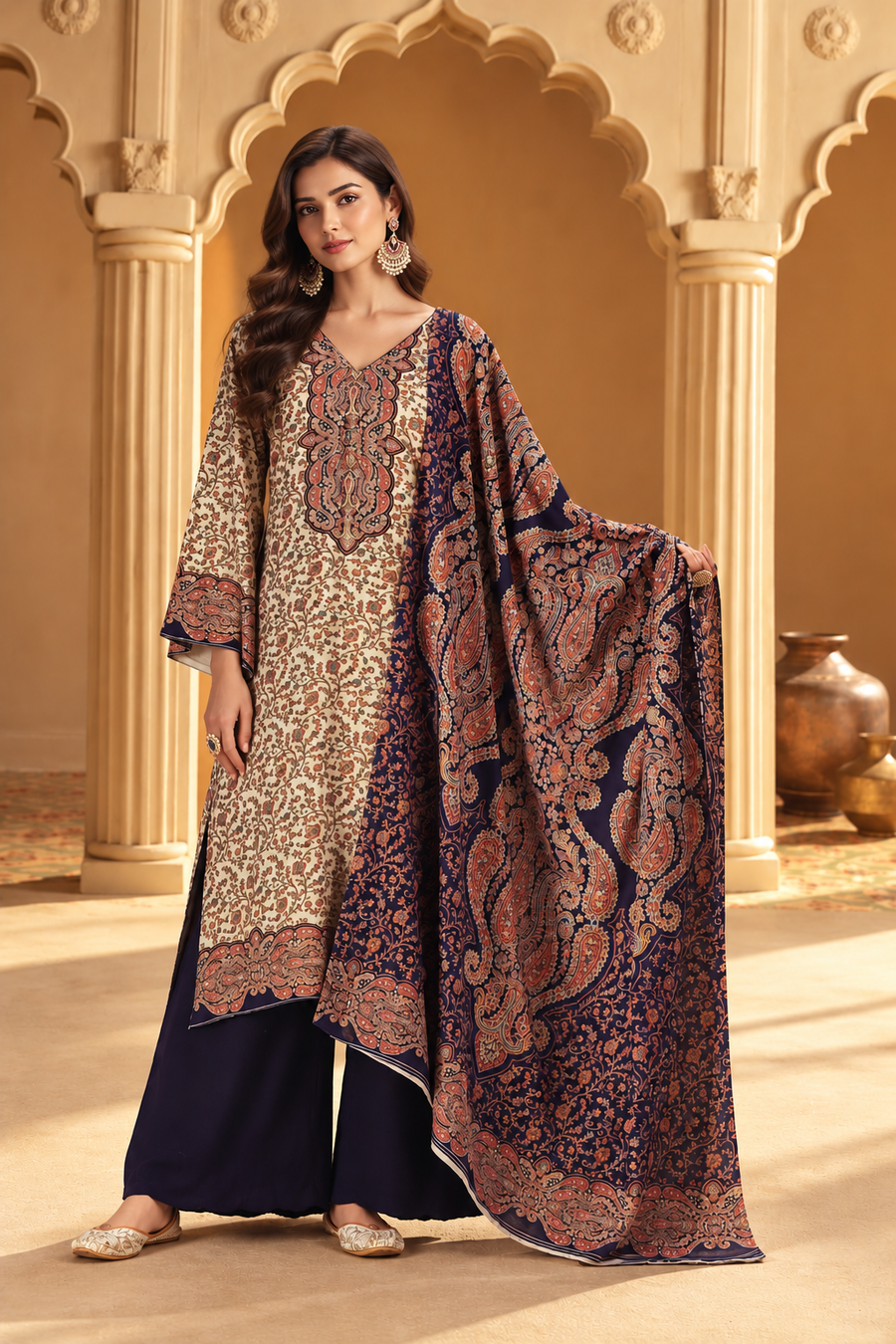 Beige & Navy Pashmina Floral Digital Printed Unstitched Suit Material