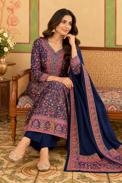 Navy Blue Pashmina Resham Woven Unstitched Suit Material