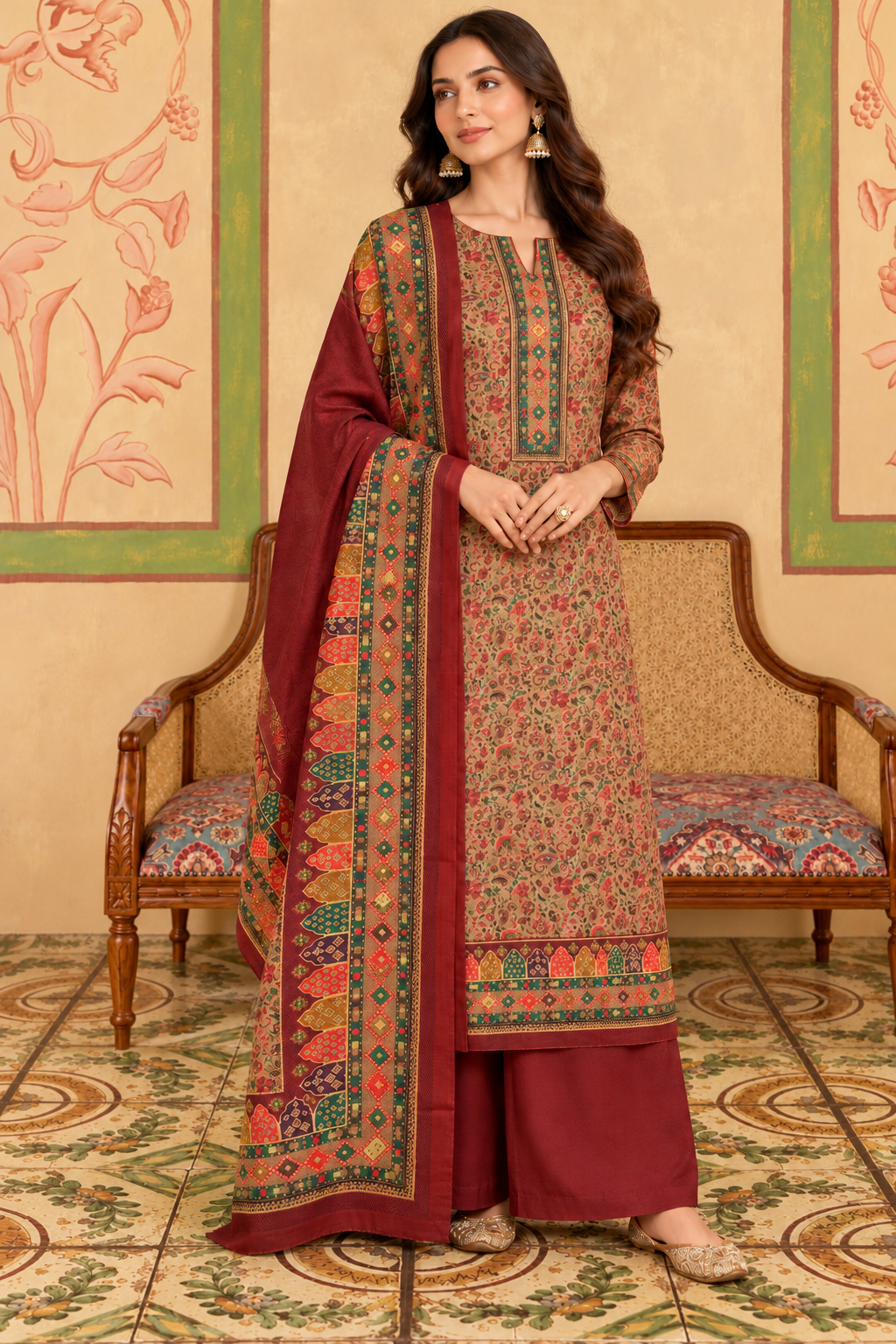 Maroon Floral Resham Woven Pashmina Unstitched Suit Material