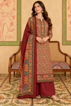 Maroon Floral Resham Woven Pashmina Unstitched Suit Material
