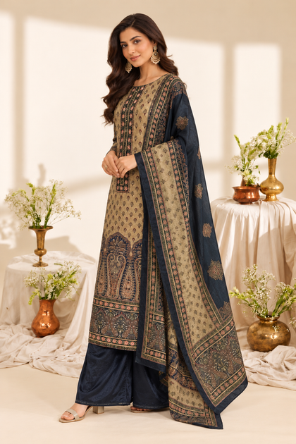Navy Velvet Digital Printed Unstitched Suit Fabric