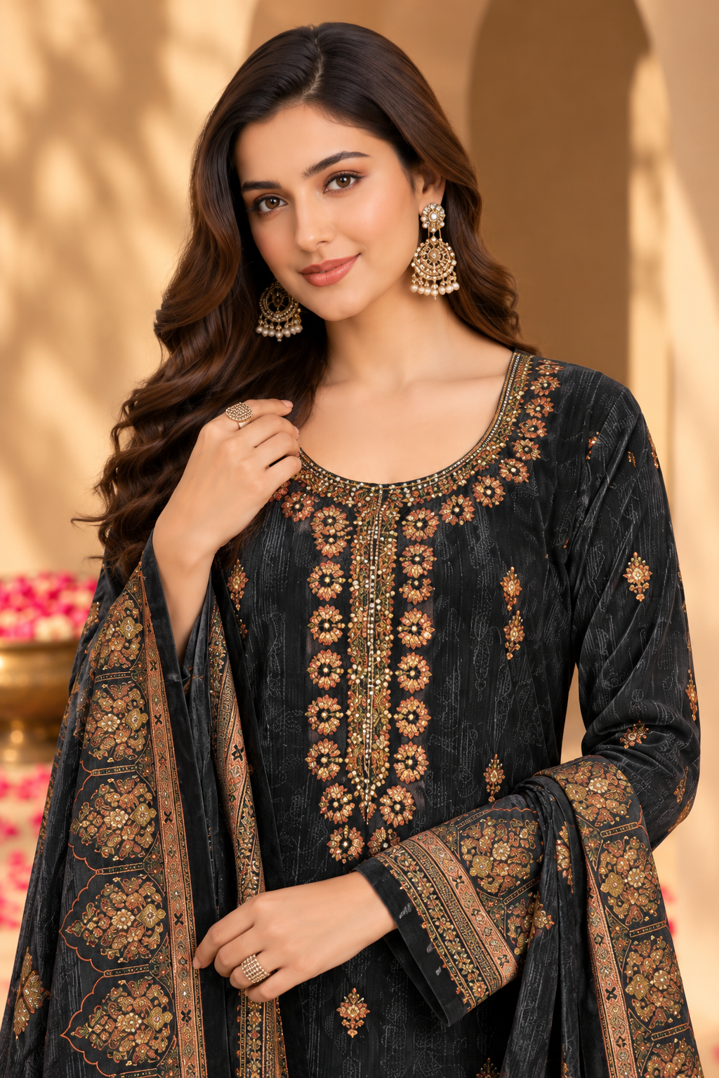 Grey Color Velvet Digital Printed Unstitched Suit Material