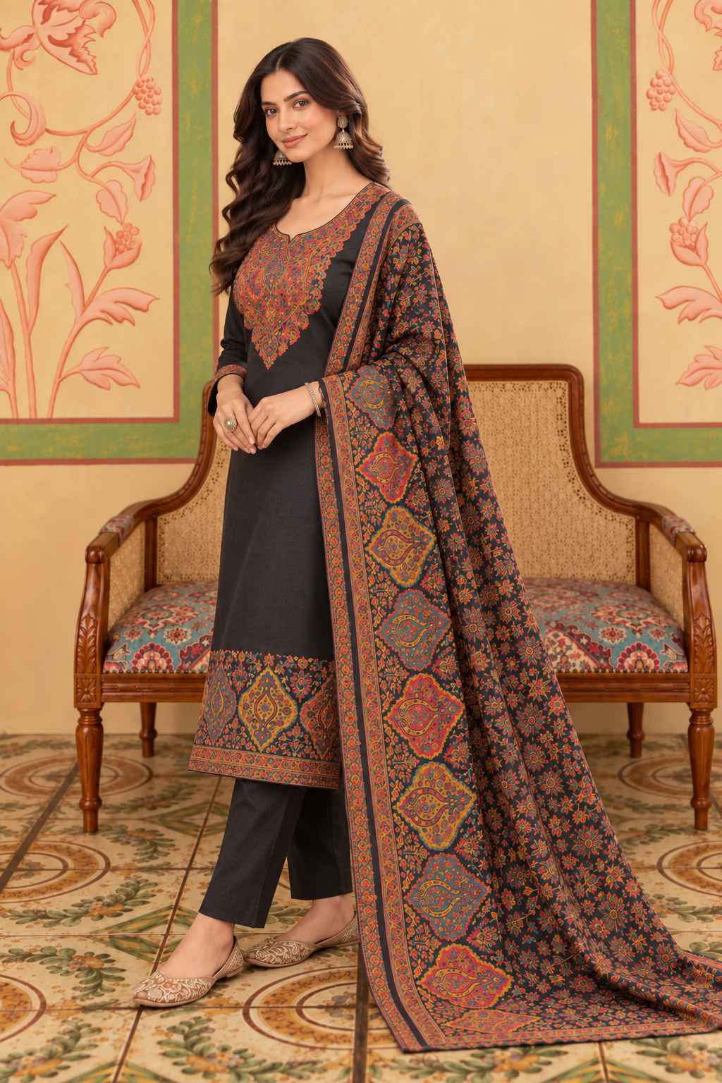 Black Pashmina Resham Woven Unstitched Suit Material