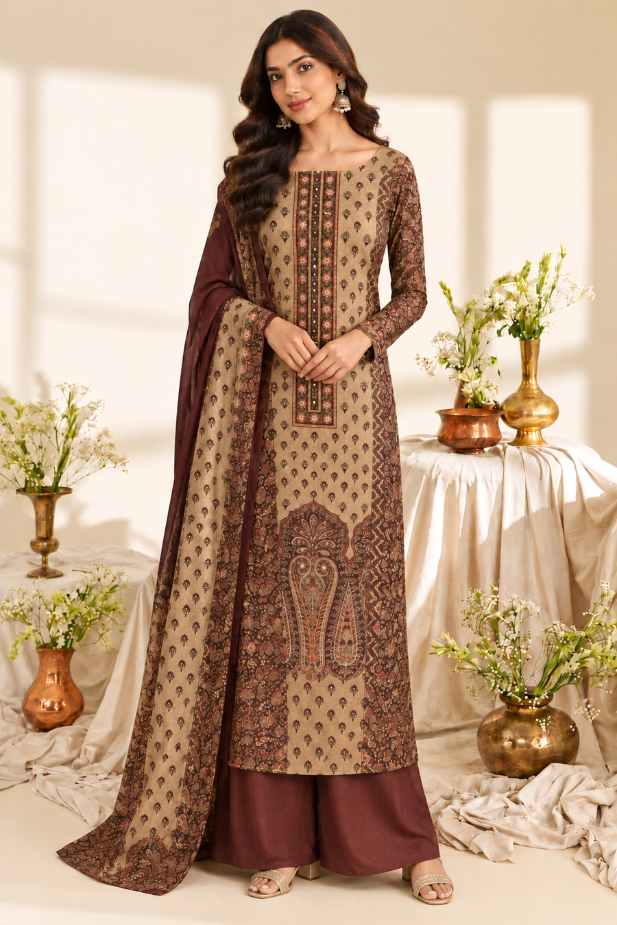 Wine Velvet Digital Printed Unstitched Suit Fabric