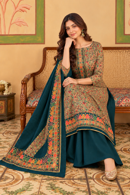 Bottle Green Floral Resham Woven Pashmina Unstitched Suit Material