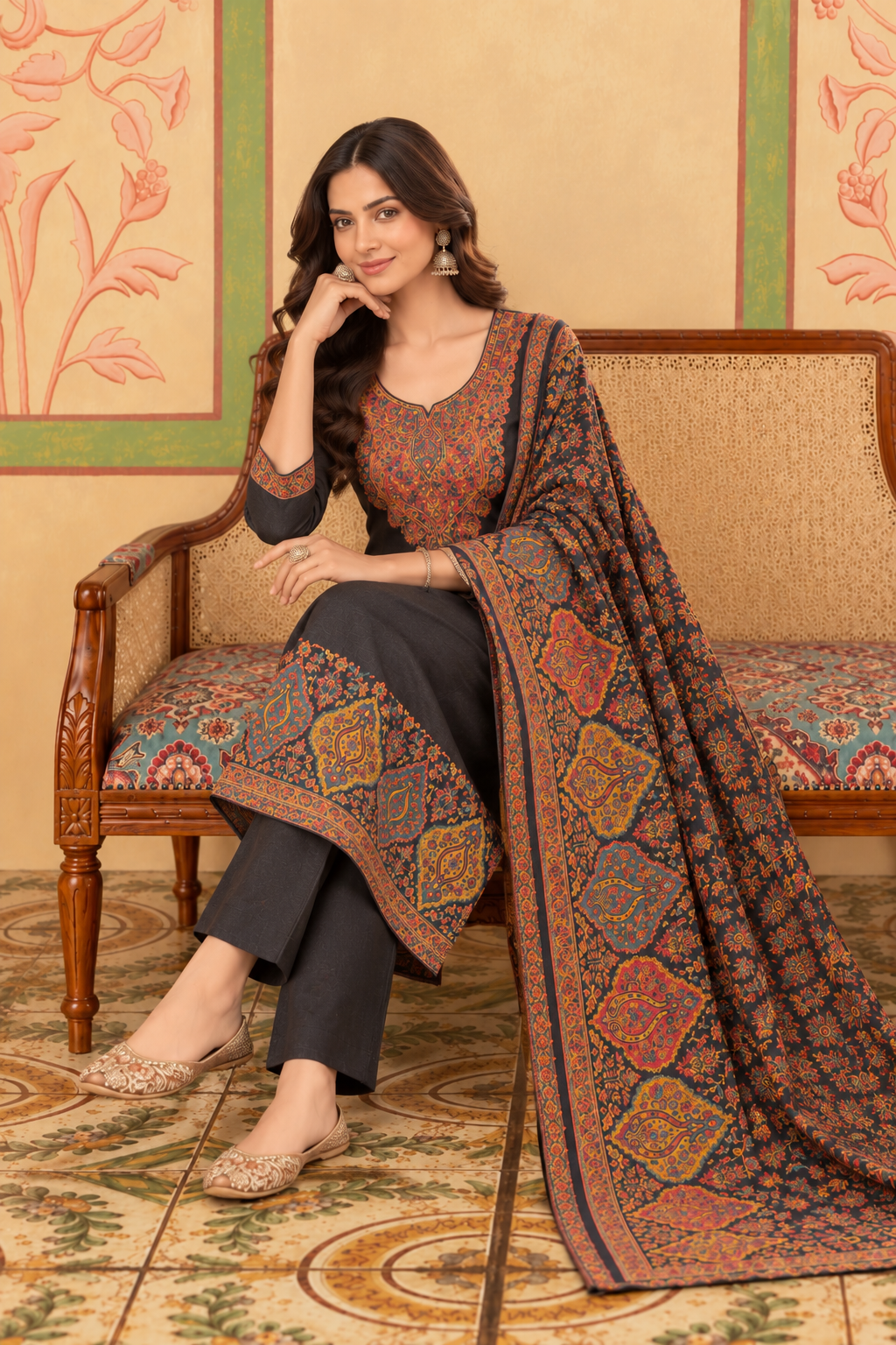 Black Pashmina Resham Woven Unstitched Suit Material