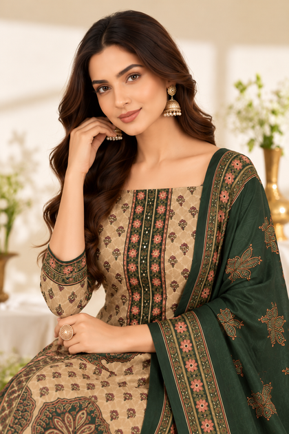 Botle Green Velvet Digital Printed Unstitched Suit Fabric