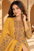 Mustard Floral Resham Woven Pashmina Unstitched Suit Fabric