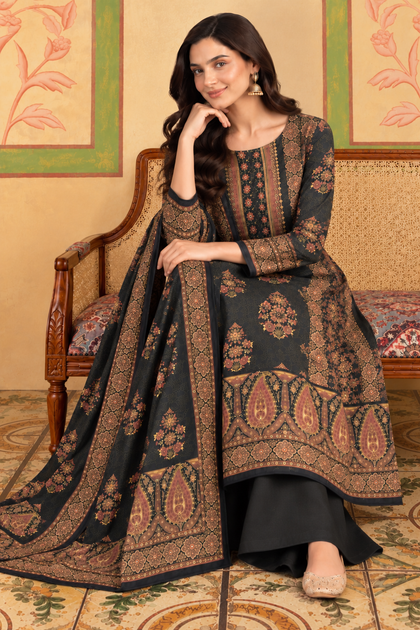 Bottle Green Velvet Printed Unstitched Suit Material