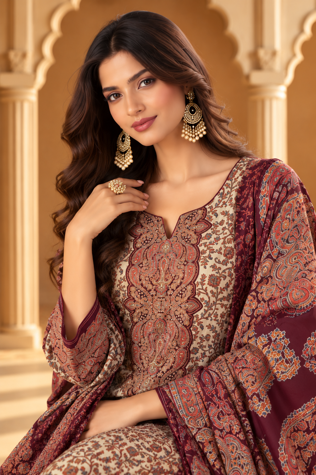 Beige & Wine Pashmina Floral Digital Printed Unstitched Suit Material