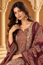 Beige & Wine Pashmina Floral Digital Printed Unstitched Suit Material