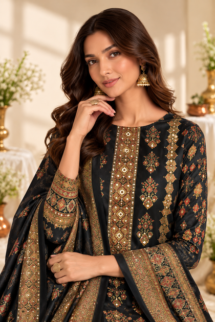 Grey Digital Printed Velvet Unstitched Suit Fabric