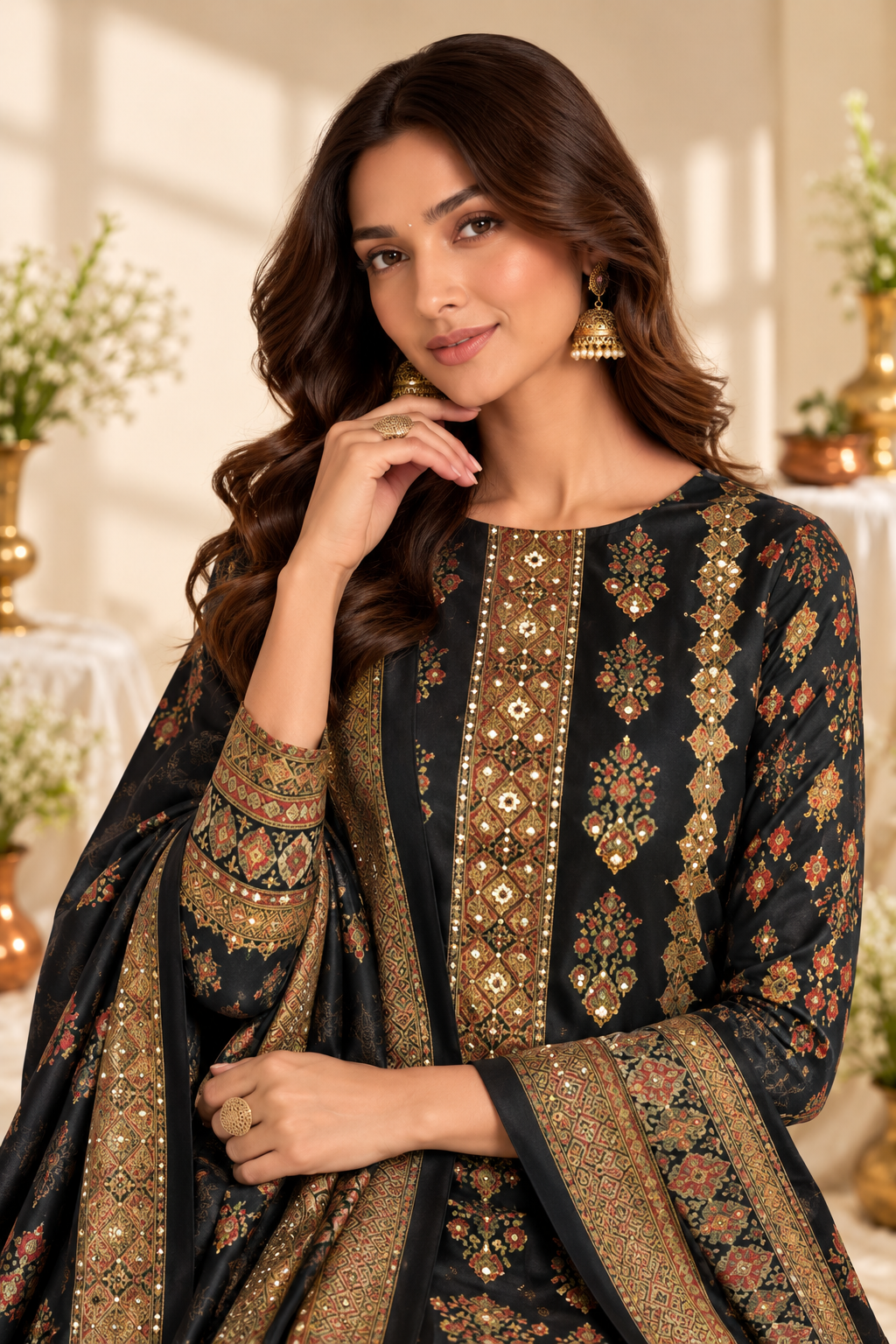 Grey Digital Printed Velvet Unstitched Suit Fabric