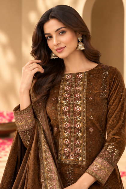 Brown Velvet Digital Printed Unstitched Suit Fabric
