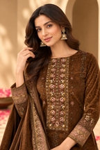 Brown Velvet Digital Printed Unstitched Suit Fabric