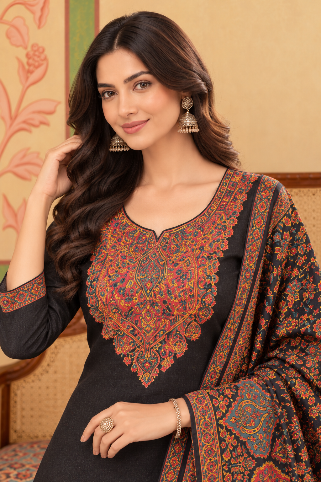 Black Pashmina Resham Woven Unstitched Suit Material