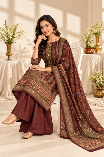 Maroon Digital Printed Velvet Unstitched Suit Fabric