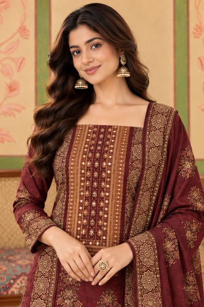 Maroon Velvet Printed Unstitched Suit Material